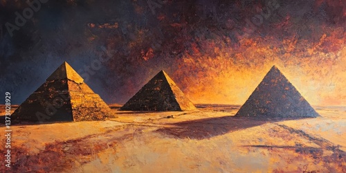 Golden Pyramids under Dramatic Skies:  A timeless image of ancient architecture, three iconic pyramids stand majestically in a vast desert landscape beneath a fiery, artistic sky.