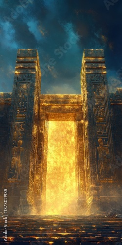 Celestial Portal: A luminous gateway beckons, bathed in golden light amidst ancient stonework, as the tempestuous sky serves as a dramatic backdrop.