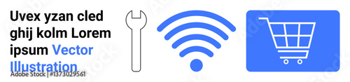 Wrench, wireless signal, and shopping cart graphic. Ideal for e-commerce, internet services, connectivity, digital tools, technology, online shopping simple landing page