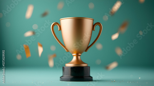 Gold Trophy with Confetti on Teal Background