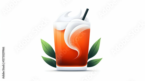 Refreshing Iced Tea with Whipped Cream and Green Leaves