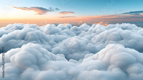 Aerial View of Fluffy White Clouds at Sunset
