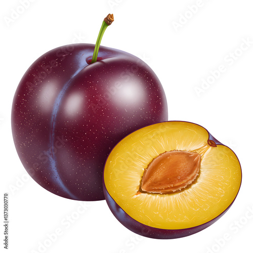 Whole and Halved Ripe Plums – Juicy, Golden-Fleshed Stone Fruit isolated on transparent background