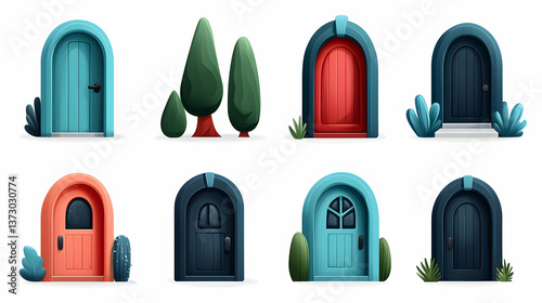 Collection of Colorful Arched Doors with Plants Pixel Art