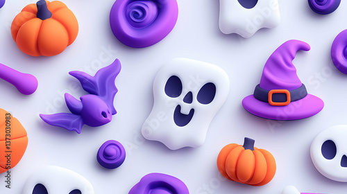 Cute Halloween 3D Render with Pumpkins, Ghosts, and Bats on White Background