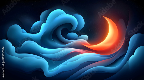 Crescent Moon Over Blue Waves at Night