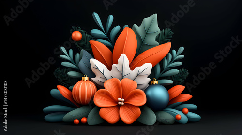 Festive Orange Teal and Green 3D Rendered Christmas Floral Arrangement