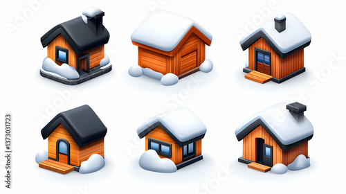 Isometric Illustration of Six Small Snowy Houses