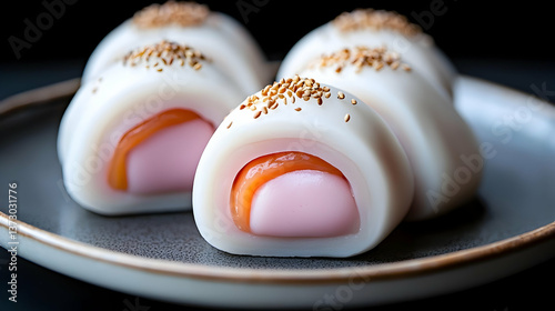 Japanese Mochi Dessert with Pink Filling on Dark Plate
