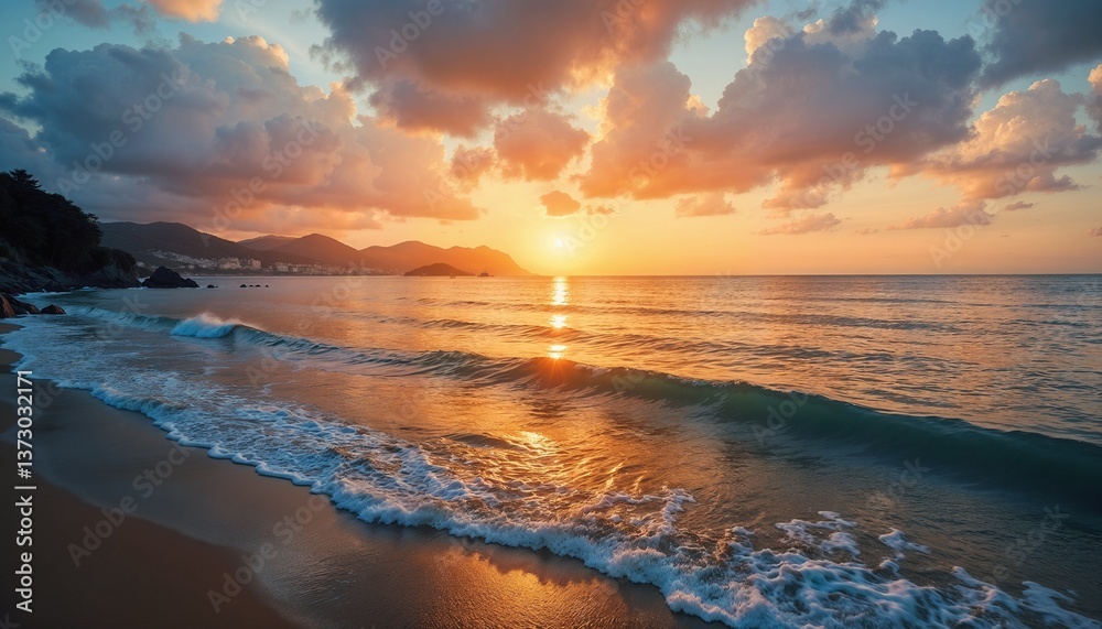 Obraz premium Serene sunset over calm ocean waves on a sandy beach 