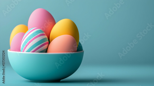 Pastel Easter Eggs in Teal Bowl on Blue Background