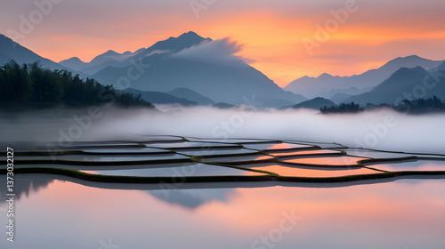 Misty Sunrise Over Rice Terraces and Mountains