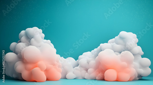 Pastel Cloudscape: Abstract 3D Render of Soft Pink and White Clouds Against a Teal Background