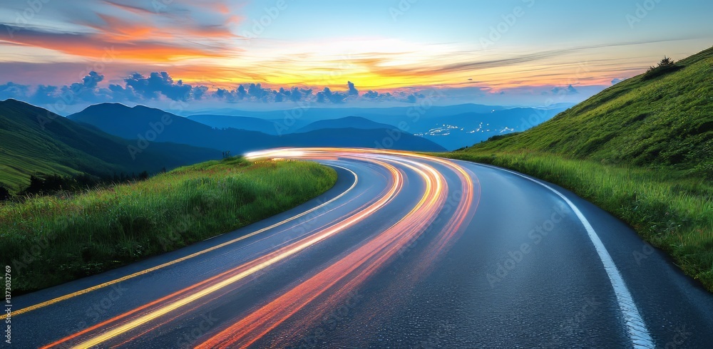 Naklejka premium A nighttime photo of a highway illuminated with neon lights and colorful trails
