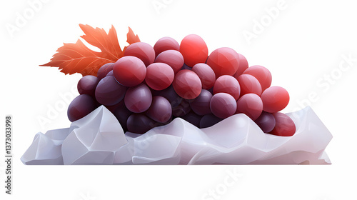 Red and Purple Grapes on White Fabric with Autumn Leaf