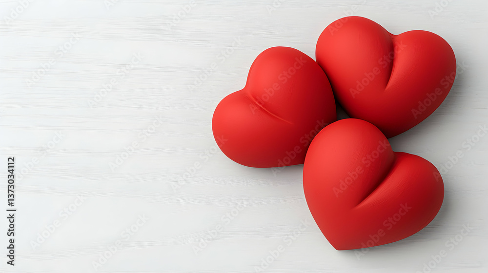 Fototapeta premium Three Red Hearts on White Wooden Background
