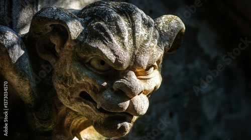 Stone gargoyle sculpture with detailed face and textured surface against