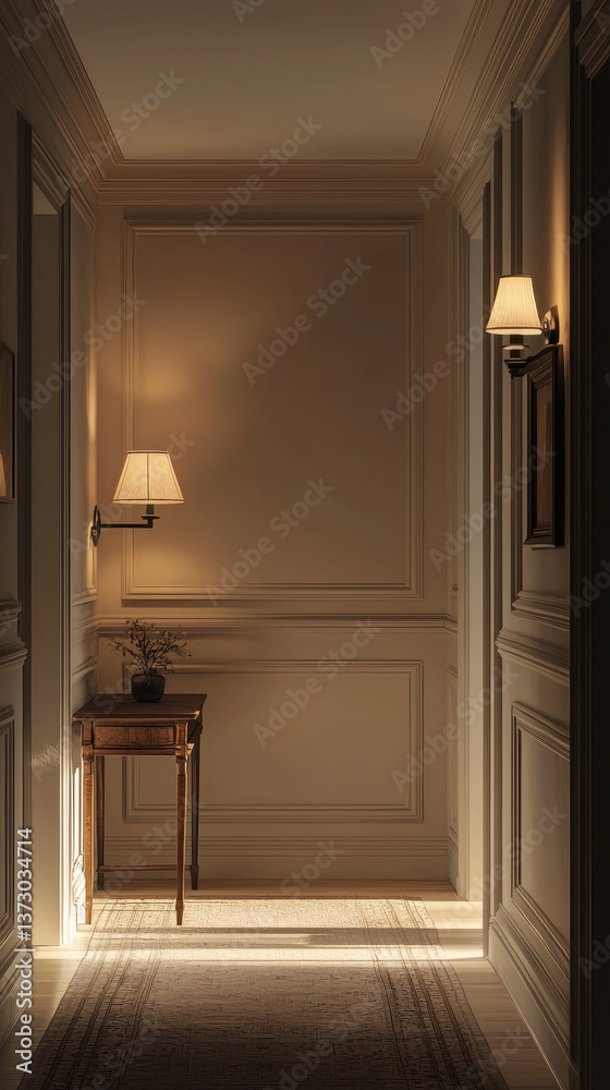 Fototapeta premium Softly lit hallway with a small table and light fixture in an elegant setting