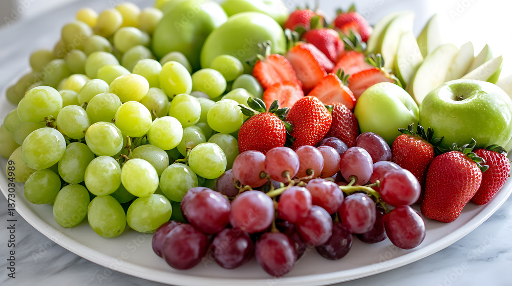 A healthy fruit platter featuring a mix of red and green fruits like grapes, strawberries, and green apples, perfect for a light snack or casual event. A healthy fruit platter featuring a mix of red and green fruits like grapes, strawberries, and green apples, perfect for a light snack or casual event.