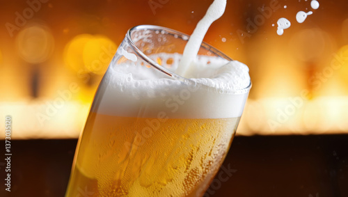 Refreshing beer is poured into a glass with a frothy head at a lively bar during a weekend evening