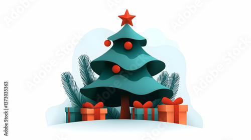 Teal Christmas Tree with Red Ornaments and Gifts