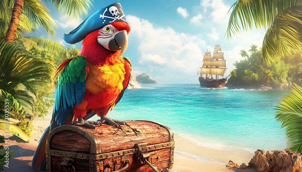 Naklejka premium Vibrant pirate parrot on treasure chest by ocean. concept of adventure, tropical wildlife, nautical exploration, caribbean fantasy, Funny animal, humor