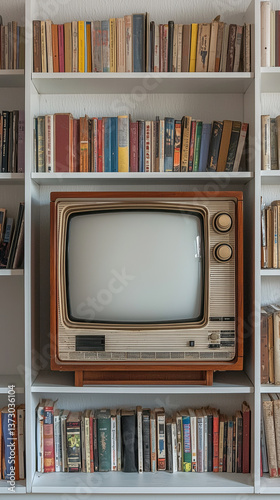 Retro television set on white shelf surrounded by books creating a nostalgic atmosphere