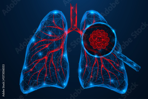 Human lung cancer under a magnifying glass. Polygonal design of interconnected lines and dots. Blue background.