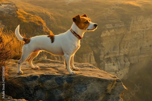 Jack Russell Terrier standing edge of cliff looking out over vast landscape alert expression confident stance showcase dog adventurous nature golden sunlight cast warm glow coat while expansive view