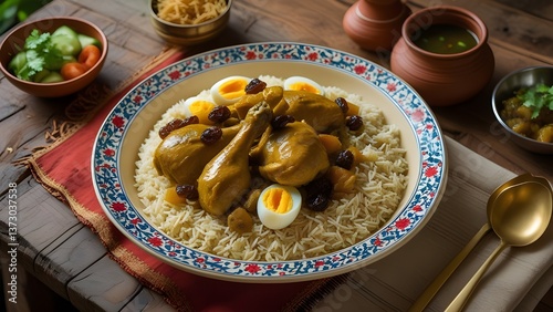 Traditional Bangladeshi Morog Polao with Aromatic Rice, Eggs, and Raisins photo