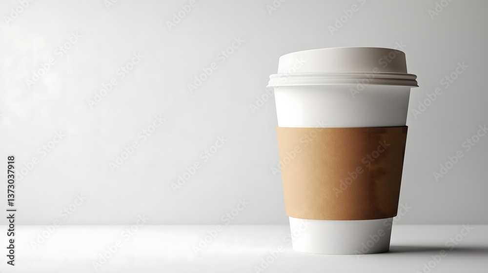 Disposable coffee cup with a paper sleeve, set against a light background Disposable coffee cup with a paper sleeve, set against a light background
