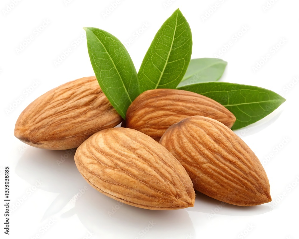Close up of a small pile of almonds with green leaves on a white background Close up of a small pile of almonds with green leaves on a white background