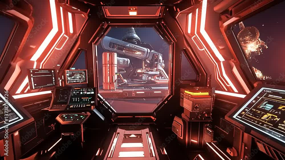 Futuristic spaceship cockpit with glowing controls and cosmic backdrop featuring distant planets
