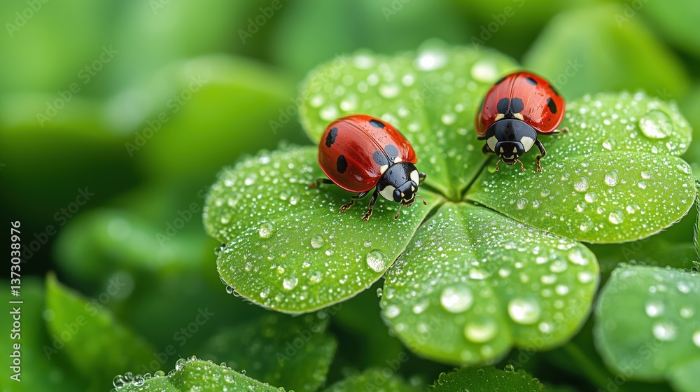 Close-Up Macro View of Two Ladybugs Resting on a Dew-Covered Clover Leaf with Bright Green Backdrop, Perfect for Capturing Springtime Luck and Intricate Natural Details Close-Up Macro View of Two Ladybugs Resting on a Dew-Covered Clover Leaf with Bright Green Backdrop, Perfect for Capturing Springtime Luck and Intricate Natural Details