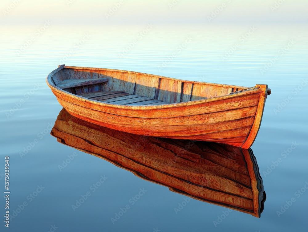 Wooden boat floating on calm water with serene reflections at sunrise Wooden boat floating on calm water with serene reflections at sunrise