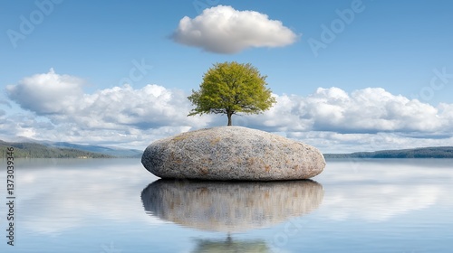 Small Tree on Rock in Calm Lake with Cloud