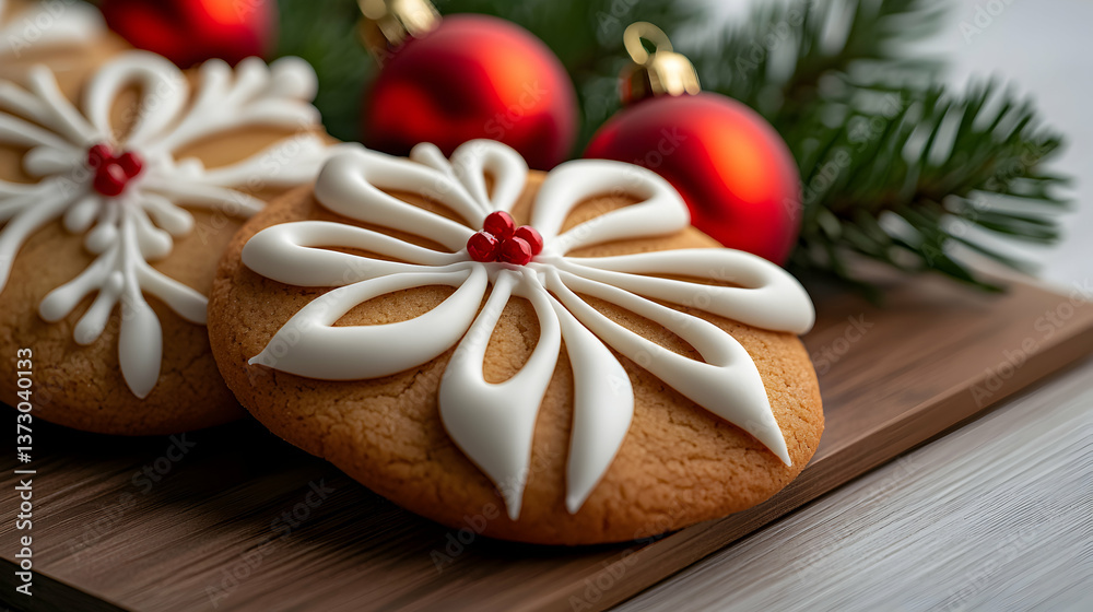 Christmas Gingerbread Cookies with Snowflake Icing on Wooden Board Christmas Gingerbread Cookies with Snowflake Icing on Wooden Board