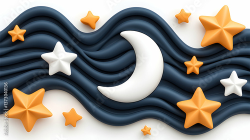 Abstract Night Sky with Crescent Moon and Stars