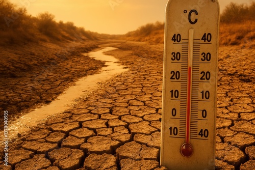 Thermometer in dried riverbed under intense heat
