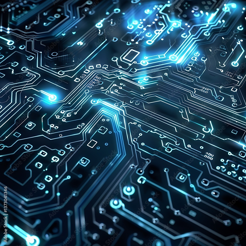 Close-up of a complex circuit board with glowing blue pathways and components. Represents technology, data flow, computing, and electronic networks.
Close-up of a complex circuit board with glowing blue pathways and components. Represents technology, data flow, computing, and electronic networks.