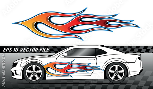 Vector fire flames race car decal graphic. Burning tire flame sports car body side vinyl decal. Side speed decoration for cars, auto, truck, boat, suv, motorcycle.