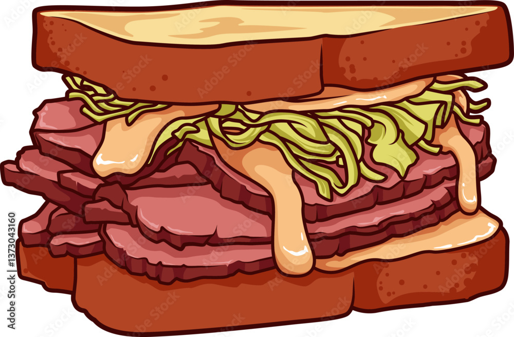 Der Reuben ist ein herzhafter Klassiker mit Corned Beef, Sauerkraut, Käse und Dressing zwischen geröstetem Brot.

