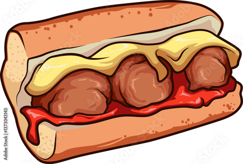 Das Meatball Sub ist ein würziges Sandwich mit saftigen Fleischbällchen, Tomatensoße und geschmolzenem Käse.
