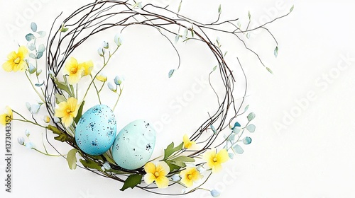   A wreath crafted from twigs and blossoms, adorned with eggs at its core and featuring yellow petals on its periphery