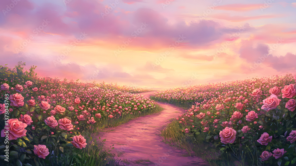 Obraz premium A peaceful view of rose fields with winding paths meandering through the lush flowers, under a soft pastel sky at dusk.