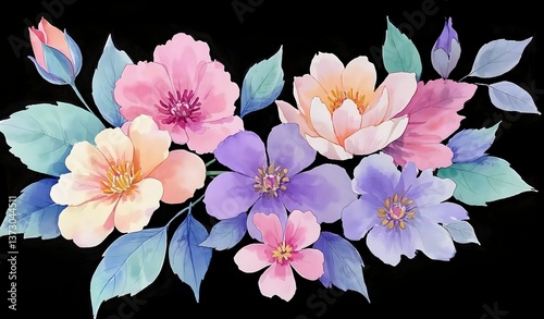 Create a seamless watercolor floral pattern featuring pastel-colored flowers in shades of pink, peach, lavender, and baby blue.