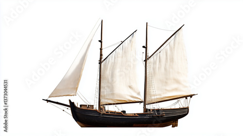A model sailboat with full mast visible isolated on white background