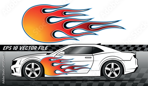 Vector fire flame race car body side vinyl sticker eps 10 image. Burning tires and flames sport car decal. Side decoration for cars, auto, truck, boat, suv, motorcycle.