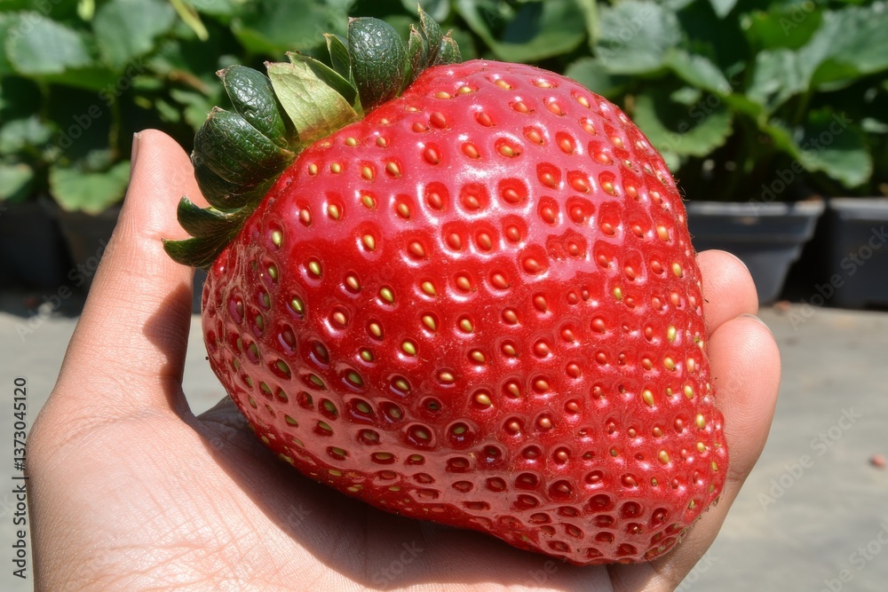 Obraz premium A close-up of strawberry picking, hands carefully plucking ripe strawberries, showcasing beautiful large red berries in the garden
