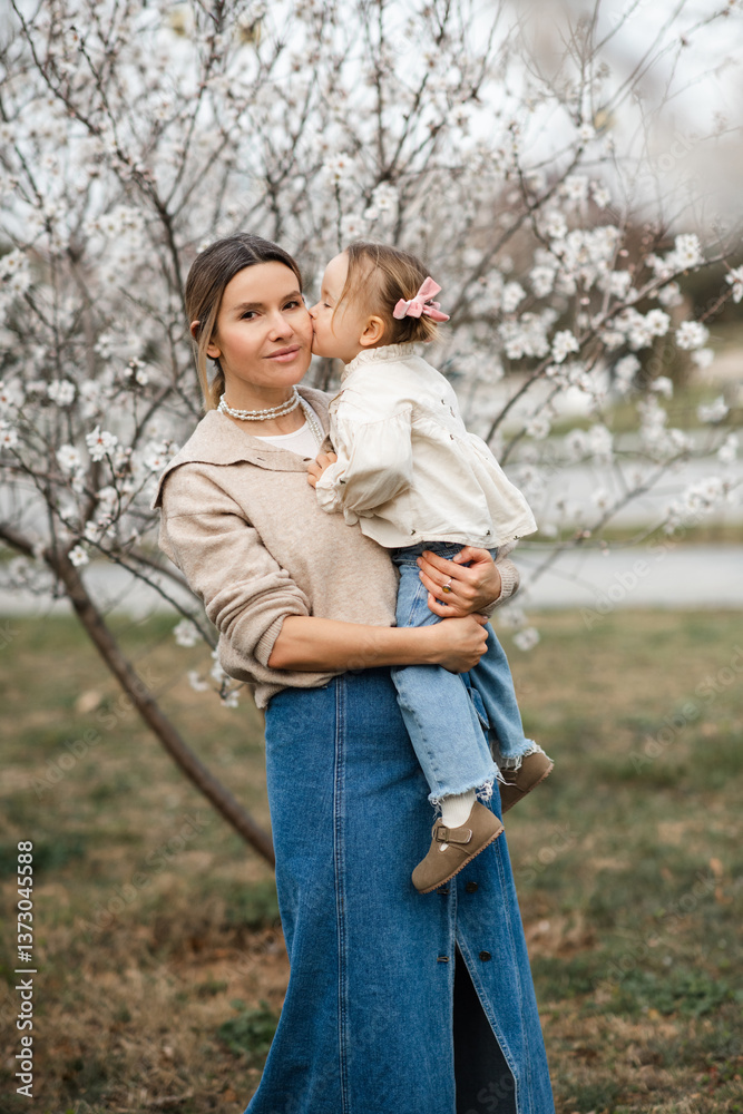 Fototapeta premium Stylish woman wearing denim skirt and beige sweater holding baby girl 2-3 year old over flowers in park. Motherhood.